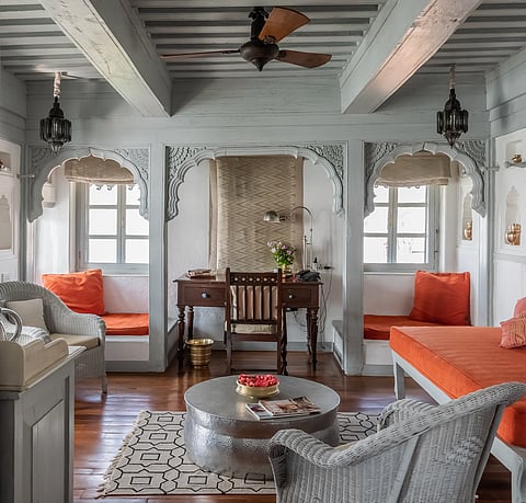 The Narmada suite is spacious and filled with light coming through multiple windows